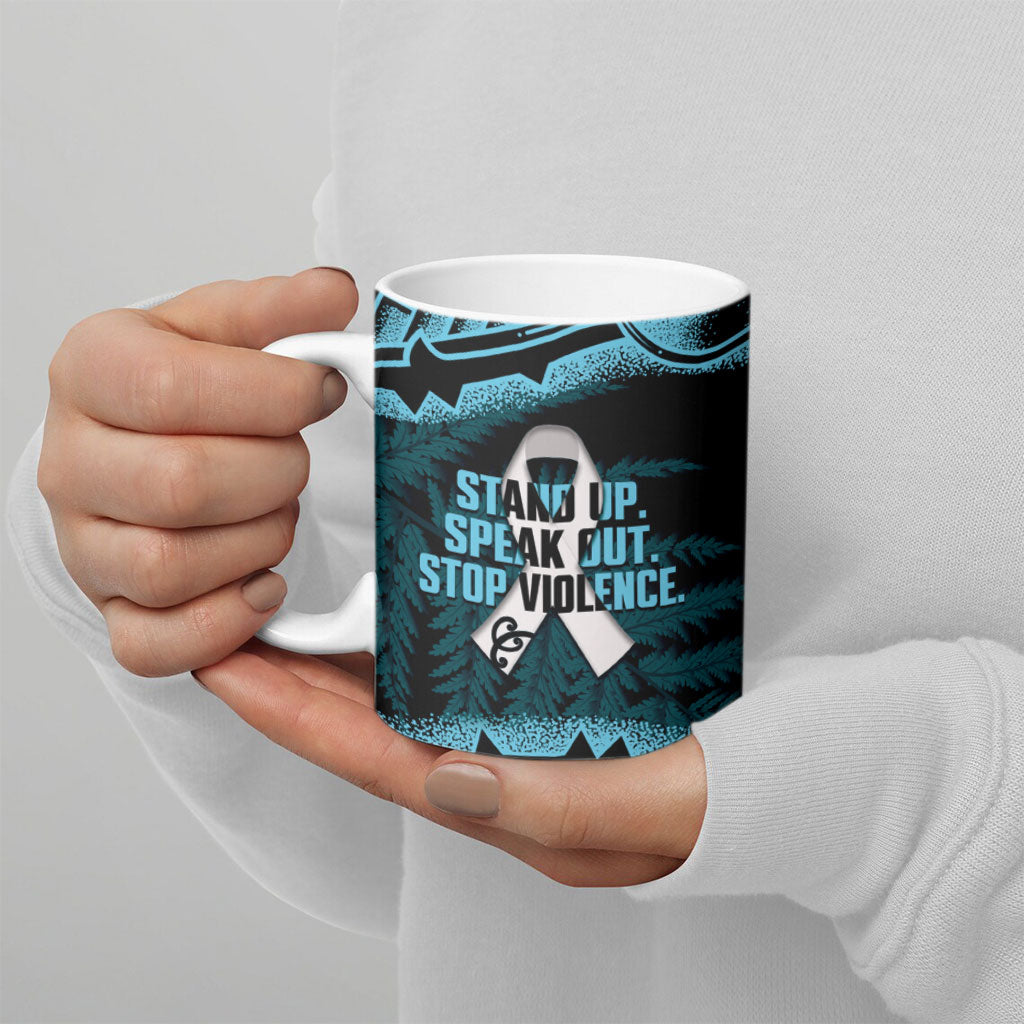 White Ribbon Day New Zealand Ceramic Mug Respect Women Maori Pattern Blue