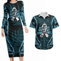 White Ribbon Day New Zealand Couples Matching Long Sleeve Bodycon Dress and Hawaiian Shirt Respect Women Maori Pattern Blue
