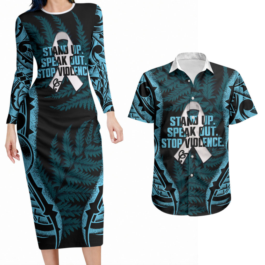 White Ribbon Day New Zealand Couples Matching Long Sleeve Bodycon Dress and Hawaiian Shirt Respect Women Maori Pattern Blue