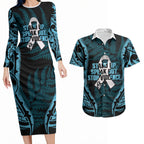 White Ribbon Day New Zealand Couples Matching Long Sleeve Bodycon Dress and Hawaiian Shirt Respect Women Maori Pattern Blue