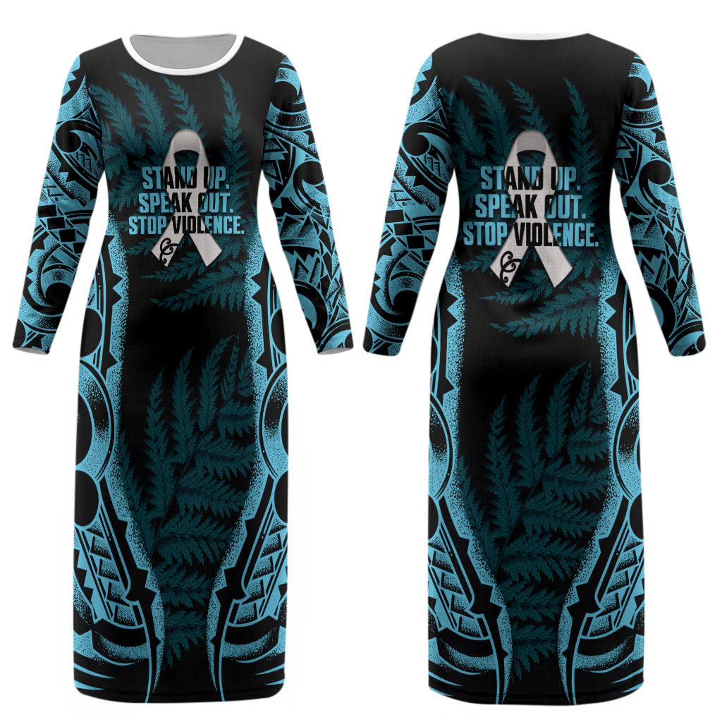 White Ribbon Day New Zealand Couples Matching Long Sleeve Bodycon Dress and Hawaiian Shirt Respect Women Maori Pattern Blue