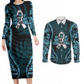White Ribbon Day New Zealand Couples Matching Long Sleeve Bodycon Dress and Long Sleeve Button Shirt Respect Women Maori Pattern Blue