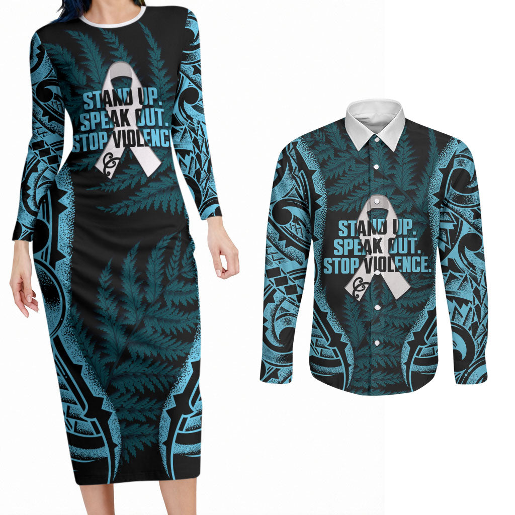 White Ribbon Day New Zealand Couples Matching Long Sleeve Bodycon Dress and Long Sleeve Button Shirt Respect Women Maori Pattern Blue