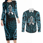 White Ribbon Day New Zealand Couples Matching Long Sleeve Bodycon Dress and Long Sleeve Button Shirt Respect Women Maori Pattern Blue