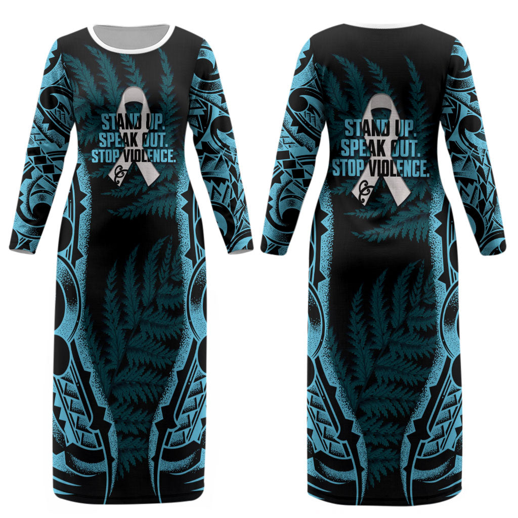 White Ribbon Day New Zealand Couples Matching Long Sleeve Bodycon Dress and Long Sleeve Button Shirt Respect Women Maori Pattern Blue