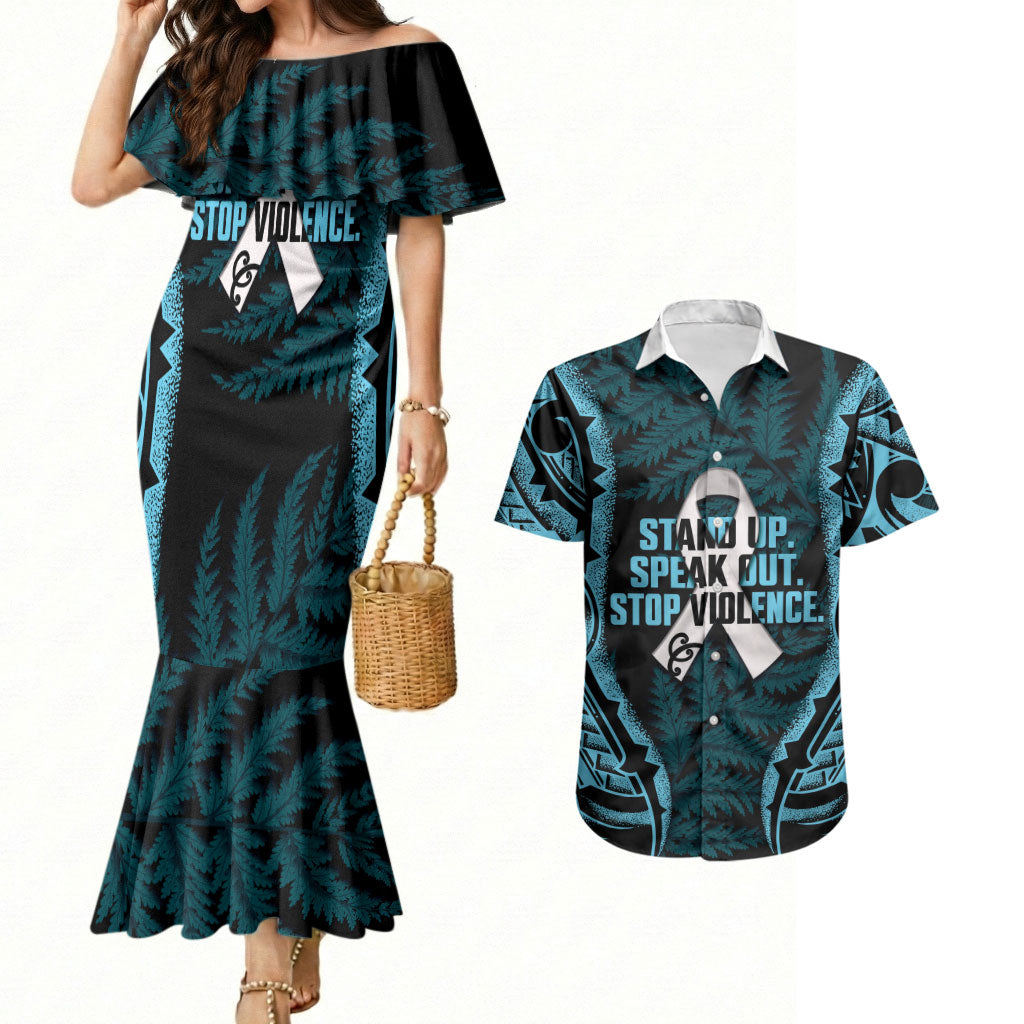 White Ribbon Day New Zealand Couples Matching Mermaid Dress and Hawaiian Shirt Respect Women Maori Pattern Blue