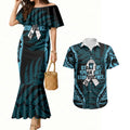 White Ribbon Day New Zealand Couples Matching Mermaid Dress and Hawaiian Shirt Respect Women Maori Pattern Blue