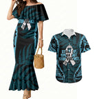 White Ribbon Day New Zealand Couples Matching Mermaid Dress and Hawaiian Shirt Respect Women Maori Pattern Blue