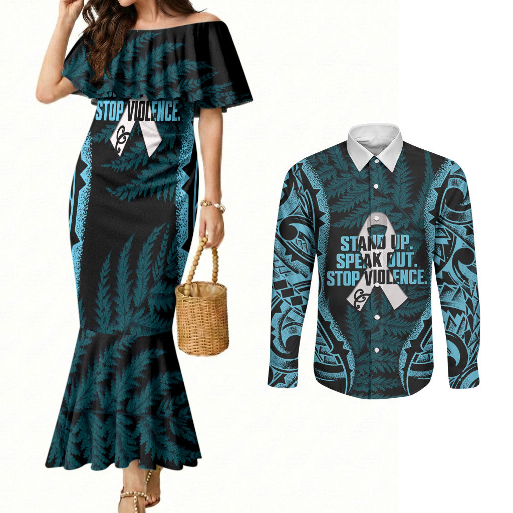 White Ribbon Day New Zealand Couples Matching Mermaid Dress and Long Sleeve Button Shirt Respect Women Maori Pattern Blue