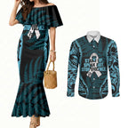White Ribbon Day New Zealand Couples Matching Mermaid Dress and Long Sleeve Button Shirt Respect Women Maori Pattern Blue