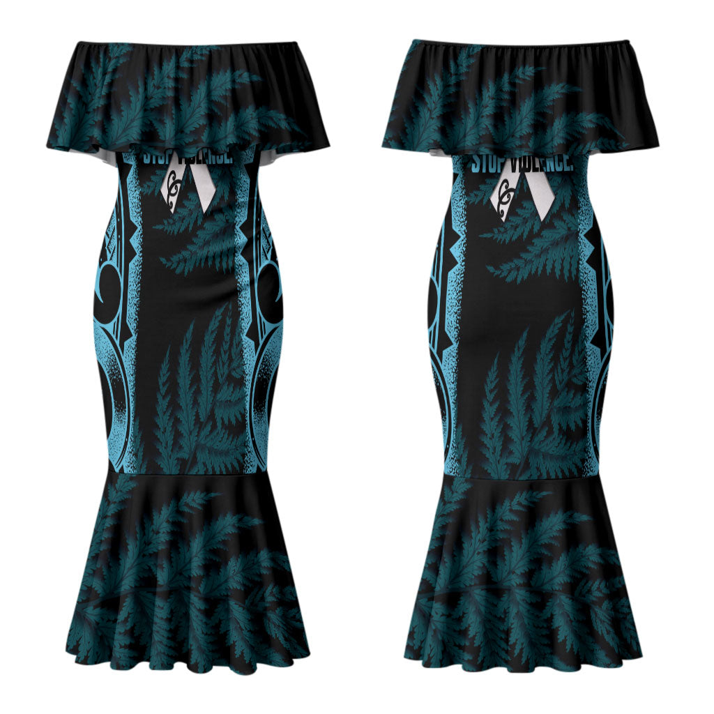White Ribbon Day New Zealand Couples Matching Mermaid Dress and Long Sleeve Button Shirt Respect Women Maori Pattern Blue