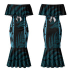 White Ribbon Day New Zealand Couples Matching Mermaid Dress and Long Sleeve Button Shirt Respect Women Maori Pattern Blue