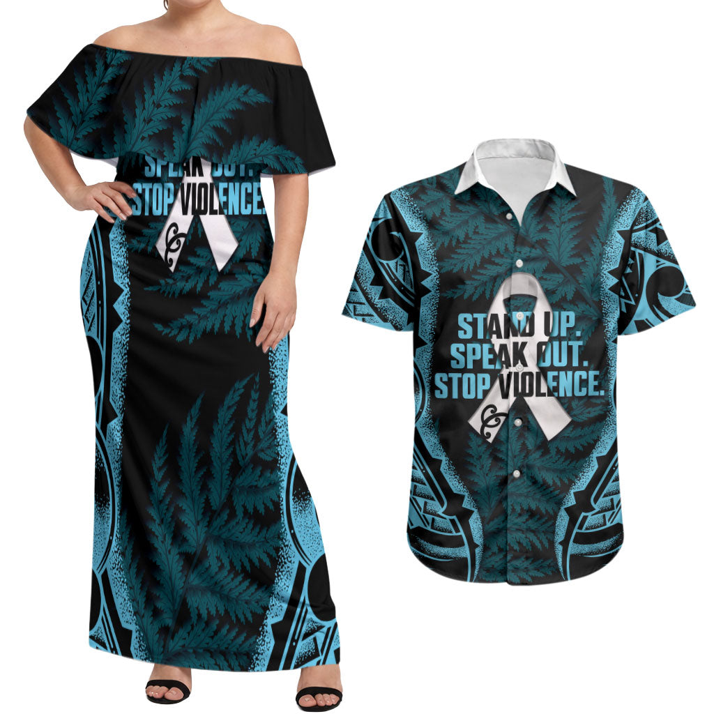 White Ribbon Day New Zealand Couples Matching Off Shoulder Maxi Dress and Hawaiian Shirt Respect Women Maori Pattern Blue