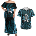 White Ribbon Day New Zealand Couples Matching Off Shoulder Maxi Dress and Hawaiian Shirt Respect Women Maori Pattern Blue