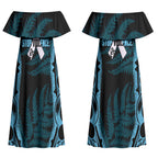 White Ribbon Day New Zealand Couples Matching Off Shoulder Maxi Dress and Hawaiian Shirt Respect Women Maori Pattern Blue
