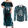 White Ribbon Day New Zealand Couples Matching Off Shoulder Maxi Dress and Long Sleeve Button Shirt Respect Women Maori Pattern Blue