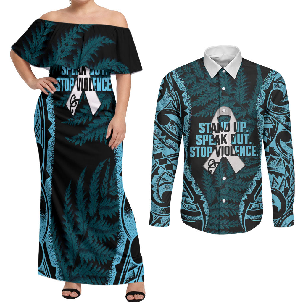 White Ribbon Day New Zealand Couples Matching Off Shoulder Maxi Dress and Long Sleeve Button Shirt Respect Women Maori Pattern Blue