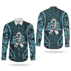 White Ribbon Day New Zealand Couples Matching Off Shoulder Maxi Dress and Long Sleeve Button Shirt Respect Women Maori Pattern Blue