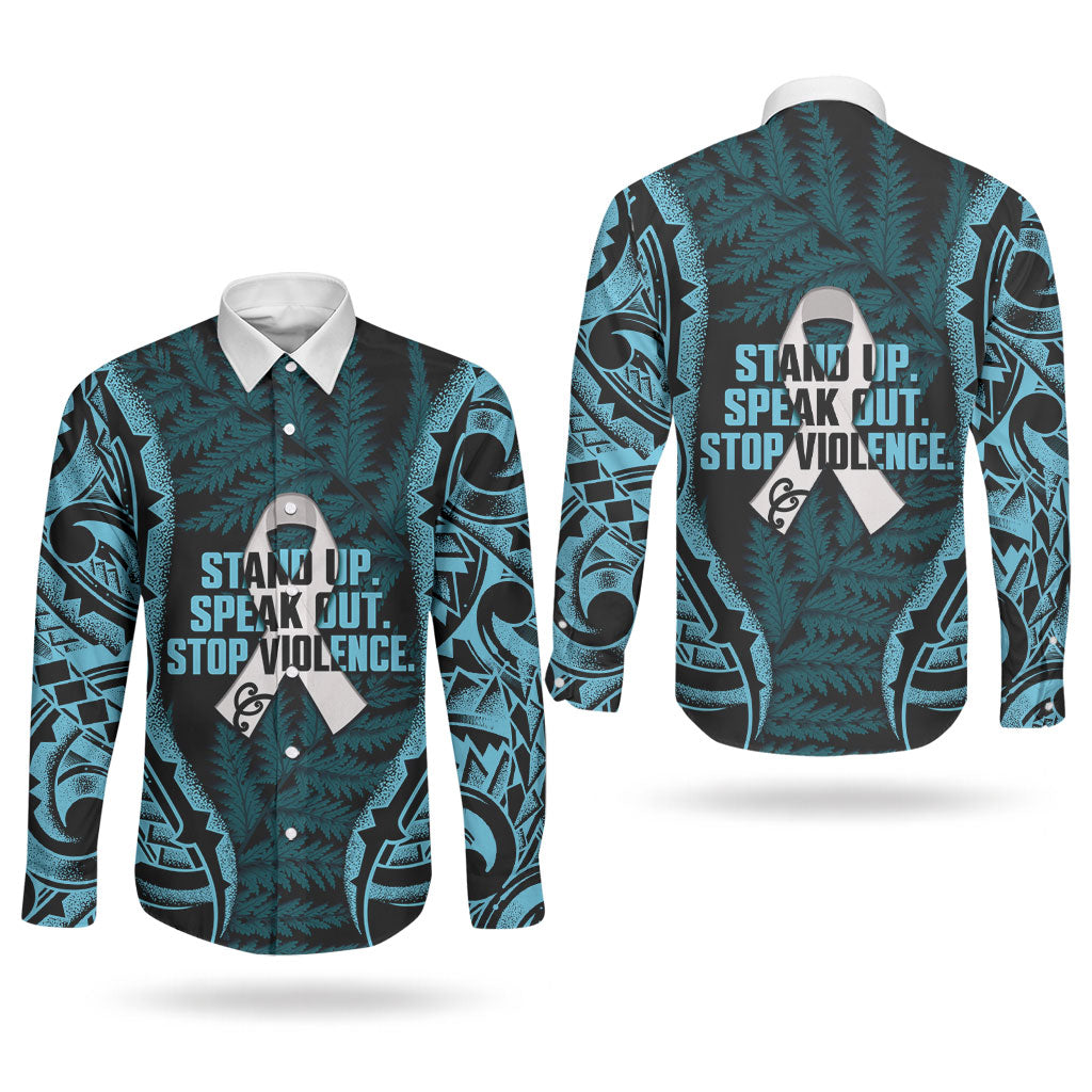 White Ribbon Day New Zealand Couples Matching Off Shoulder Maxi Dress and Long Sleeve Button Shirt Respect Women Maori Pattern Blue