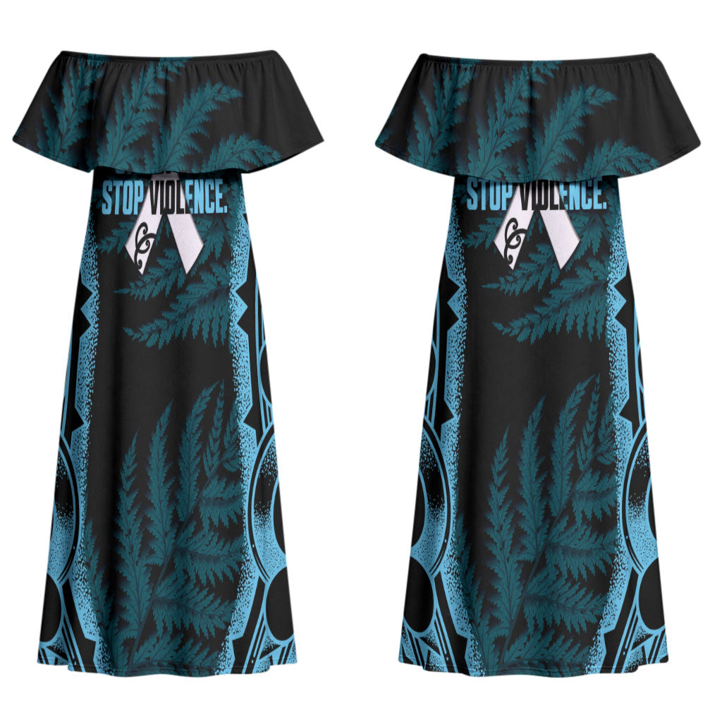 White Ribbon Day New Zealand Couples Matching Off Shoulder Maxi Dress and Long Sleeve Button Shirt Respect Women Maori Pattern Blue