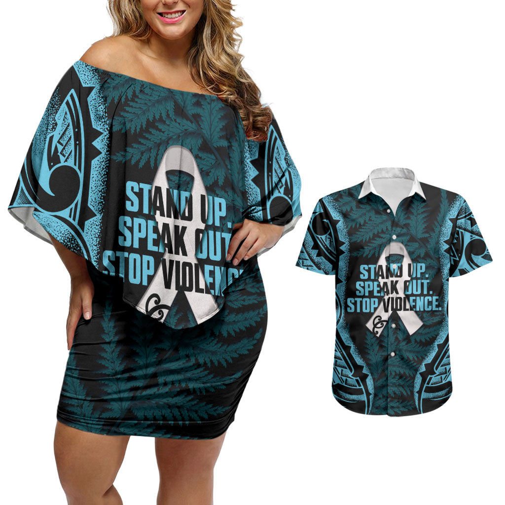 White Ribbon Day New Zealand Couples Matching Off Shoulder Short Dress and Hawaiian Shirt Respect Women Maori Pattern Blue