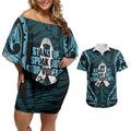 White Ribbon Day New Zealand Couples Matching Off Shoulder Short Dress and Hawaiian Shirt Respect Women Maori Pattern Blue