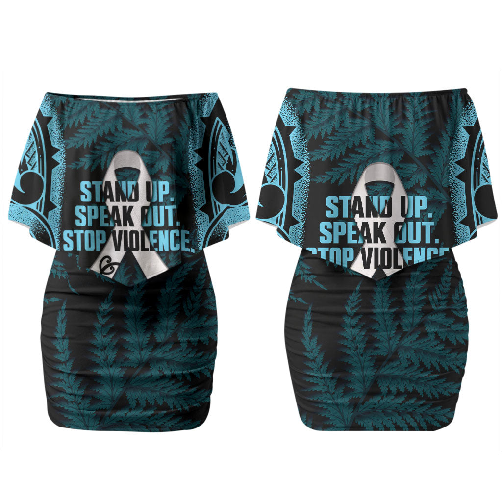 White Ribbon Day New Zealand Couples Matching Off Shoulder Short Dress and Hawaiian Shirt Respect Women Maori Pattern Blue