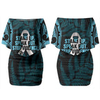 White Ribbon Day New Zealand Couples Matching Off Shoulder Short Dress and Hawaiian Shirt Respect Women Maori Pattern Blue