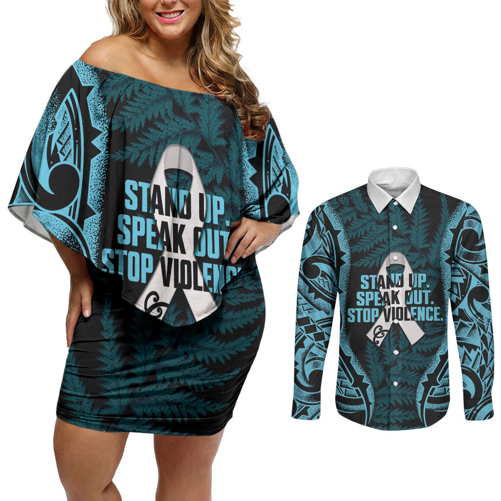 White Ribbon Day New Zealand Couples Matching Off Shoulder Short Dress and Long Sleeve Button Shirt Respect Women Maori Pattern Blue