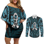 White Ribbon Day New Zealand Couples Matching Off Shoulder Short Dress and Long Sleeve Button Shirt Respect Women Maori Pattern Blue