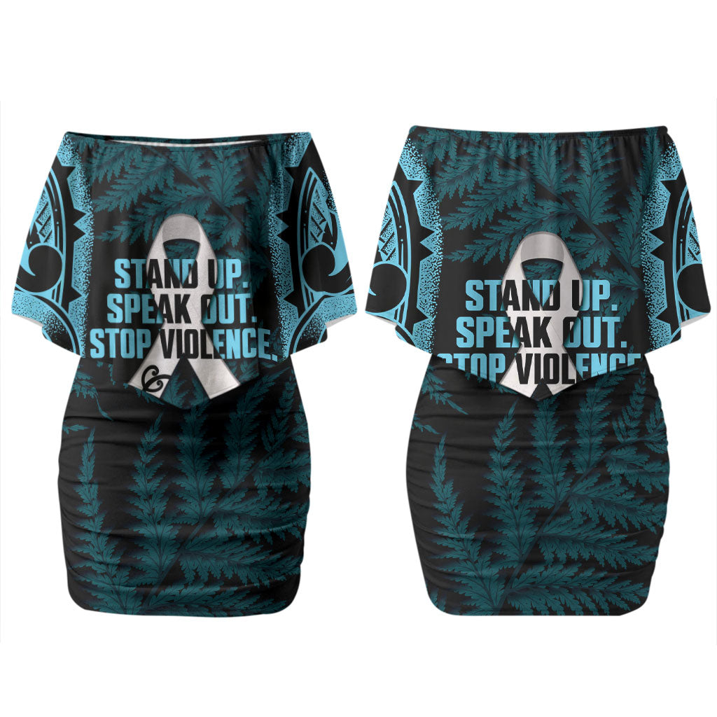 White Ribbon Day New Zealand Couples Matching Off Shoulder Short Dress and Long Sleeve Button Shirt Respect Women Maori Pattern Blue