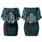 White Ribbon Day New Zealand Couples Matching Off Shoulder Short Dress and Long Sleeve Button Shirt Respect Women Maori Pattern Blue