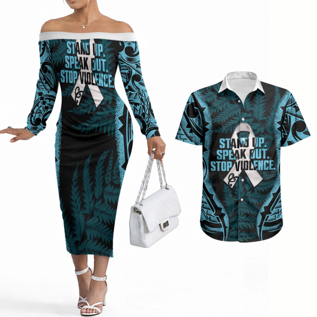 White Ribbon Day New Zealand Couples Matching Off The Shoulder Long Sleeve Dress and Hawaiian Shirt Respect Women Maori Pattern Blue