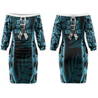 White Ribbon Day New Zealand Couples Matching Off The Shoulder Long Sleeve Dress and Hawaiian Shirt Respect Women Maori Pattern Blue