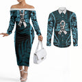 White Ribbon Day New Zealand Couples Matching Off The Shoulder Long Sleeve Dress and Long Sleeve Button Shirt Respect Women Maori Pattern Blue