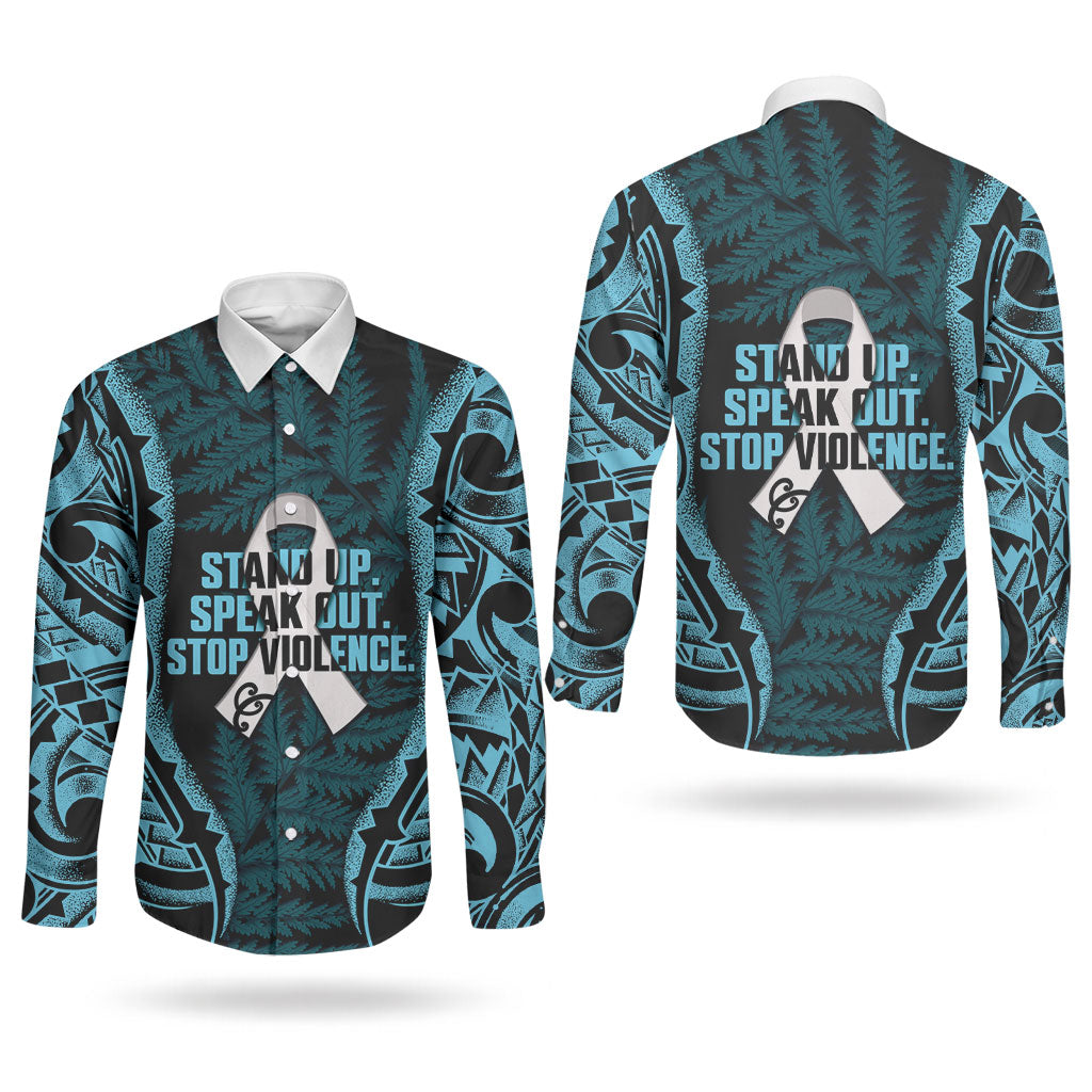 White Ribbon Day New Zealand Couples Matching Off The Shoulder Long Sleeve Dress and Long Sleeve Button Shirt Respect Women Maori Pattern Blue