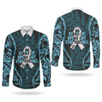 White Ribbon Day New Zealand Couples Matching Off The Shoulder Long Sleeve Dress and Long Sleeve Button Shirt Respect Women Maori Pattern Blue