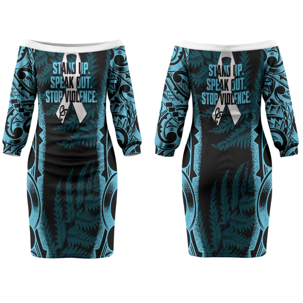 White Ribbon Day New Zealand Couples Matching Off The Shoulder Long Sleeve Dress and Long Sleeve Button Shirt Respect Women Maori Pattern Blue