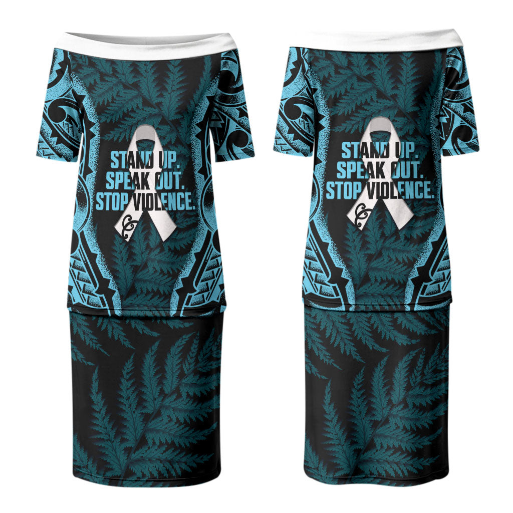 White Ribbon Day New Zealand Couples Matching Puletasi and Hawaiian Shirt Respect Women Maori Pattern Blue