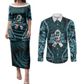 White Ribbon Day New Zealand Couples Matching Puletasi and Long Sleeve Button Shirt Respect Women Maori Pattern Blue