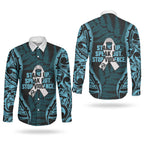 White Ribbon Day New Zealand Couples Matching Puletasi and Long Sleeve Button Shirt Respect Women Maori Pattern Blue
