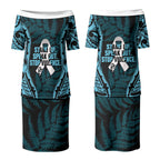 White Ribbon Day New Zealand Couples Matching Puletasi and Long Sleeve Button Shirt Respect Women Maori Pattern Blue