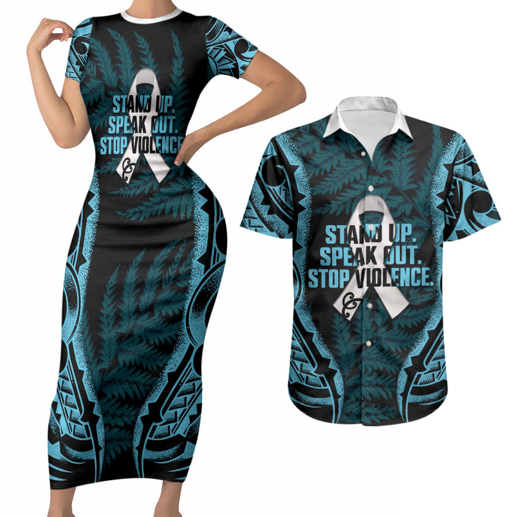 White Ribbon Day New Zealand Couples Matching Short Sleeve Bodycon Dress and Hawaiian Shirt Respect Women Maori Pattern Blue