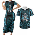 White Ribbon Day New Zealand Couples Matching Short Sleeve Bodycon Dress and Hawaiian Shirt Respect Women Maori Pattern Blue