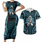 White Ribbon Day New Zealand Couples Matching Short Sleeve Bodycon Dress and Hawaiian Shirt Respect Women Maori Pattern Blue