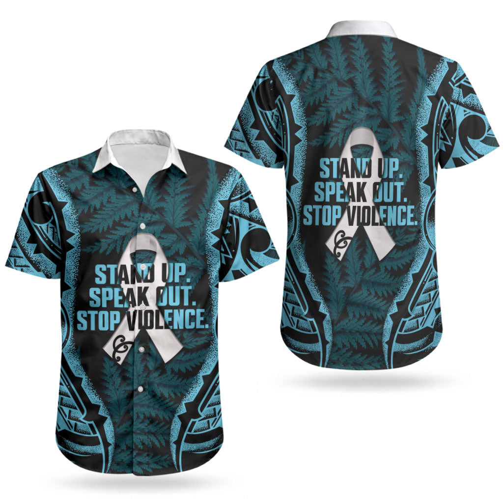 White Ribbon Day New Zealand Couples Matching Short Sleeve Bodycon Dress and Hawaiian Shirt Respect Women Maori Pattern Blue