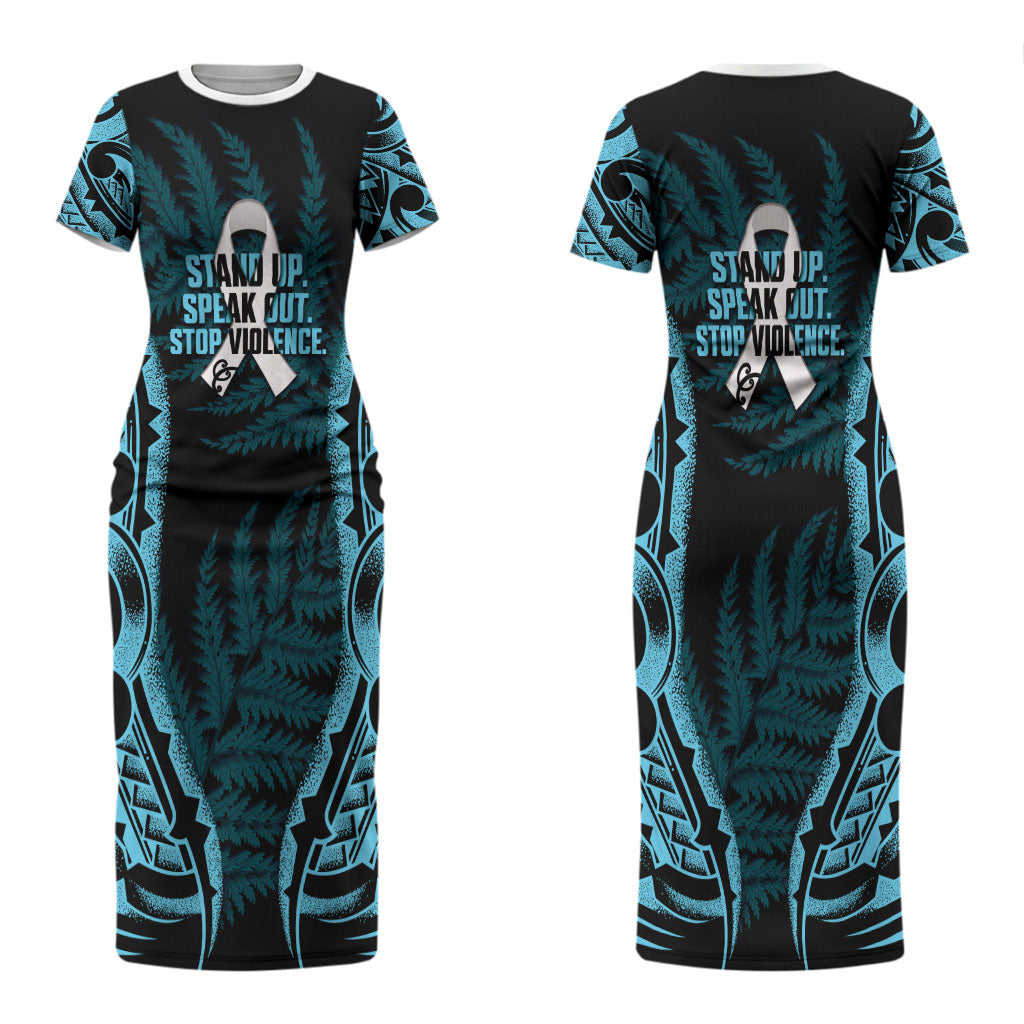 White Ribbon Day New Zealand Couples Matching Short Sleeve Bodycon Dress and Hawaiian Shirt Respect Women Maori Pattern Blue