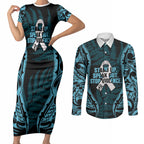 White Ribbon Day New Zealand Couples Matching Short Sleeve Bodycon Dress and Long Sleeve Button Shirt Respect Women Maori Pattern Blue