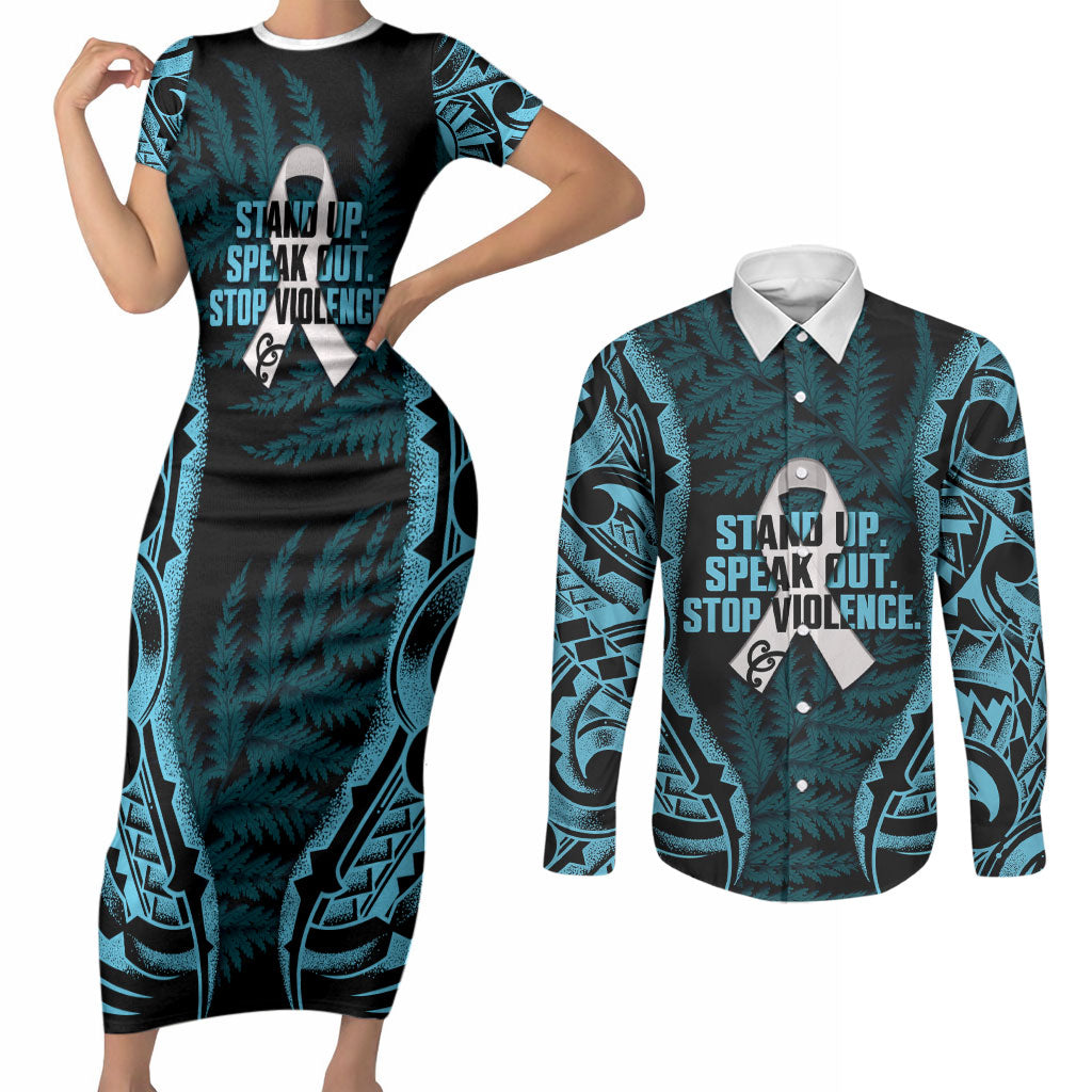 White Ribbon Day New Zealand Couples Matching Short Sleeve Bodycon Dress and Long Sleeve Button Shirt Respect Women Maori Pattern Blue