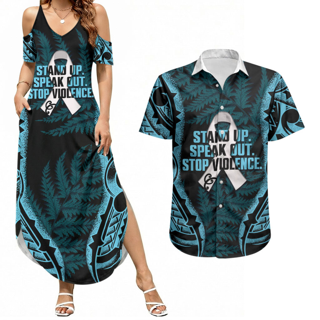 White Ribbon Day New Zealand Couples Matching Summer Maxi Dress and Hawaiian Shirt Respect Women Maori Pattern Blue